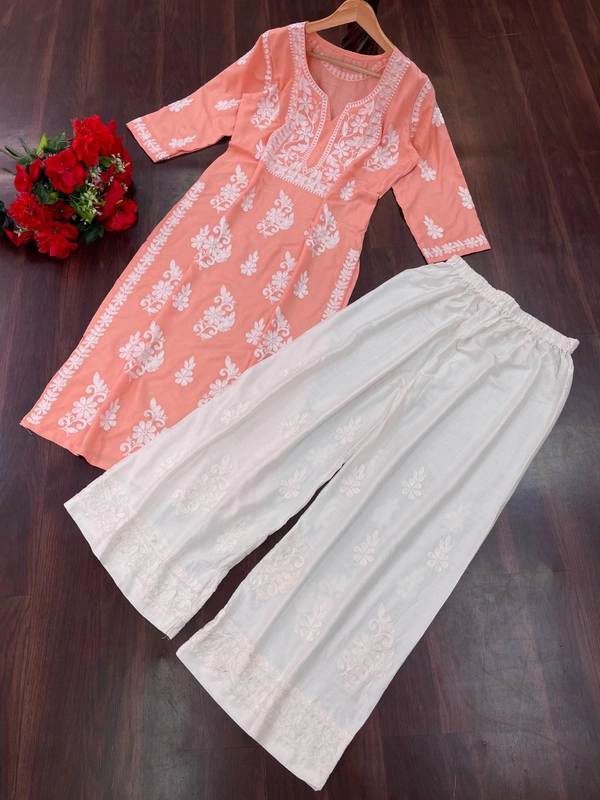 FWSNX TRENDING CHIKANKARI RAYON COTTON KURTI PLAZZO SET - XL-42, Vivid Tangerine