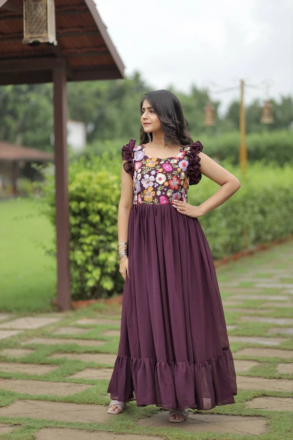 FWMV DESIGNER MULTI SEQUINS EMBROIDRY WORK GOWN - M-38, Eggplant