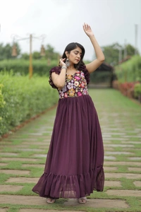 FWMV DESIGNER MULTI SEQUINS EMBROIDRY WORK GOWN - M-38, Eggplant