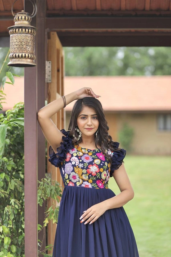 FWMV DESIGNER MULTI SEQUINS EMBROIDRY WORK GOWN - M-38, Navy Blue