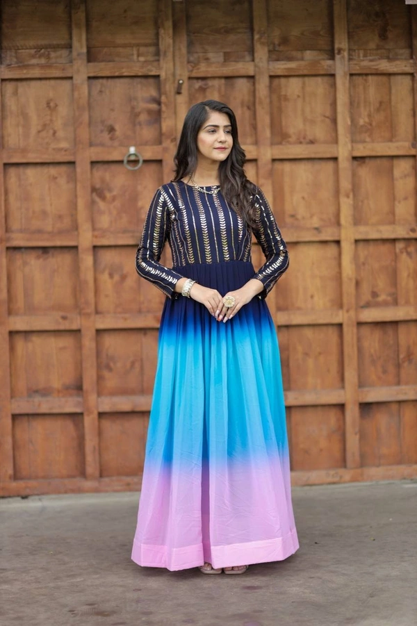 FWMV PREMIUM DESIGNER MULTI COLOUR SEQUINS EMBROIDRD GOWN - M-38, Blue Sky Pink