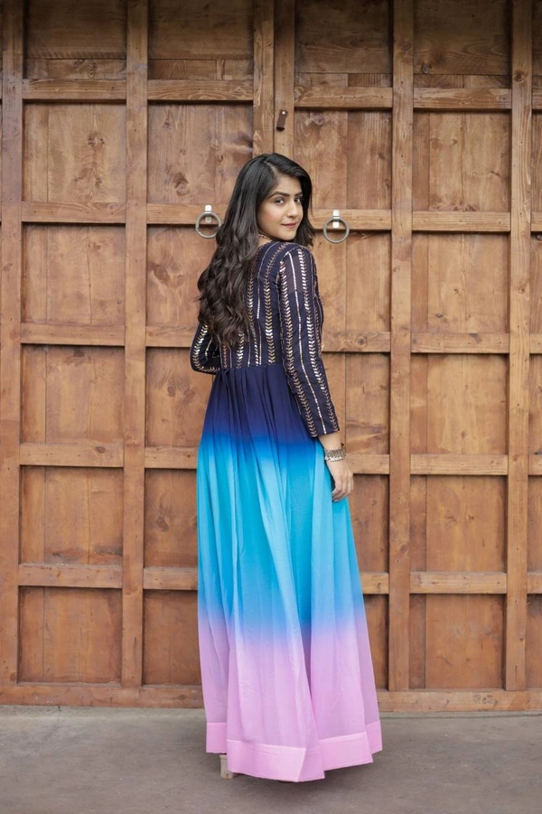 FWMV PREMIUM DESIGNER MULTI COLOUR SEQUINS EMBROIDRD GOWN - M-38, Blue Sky Pink