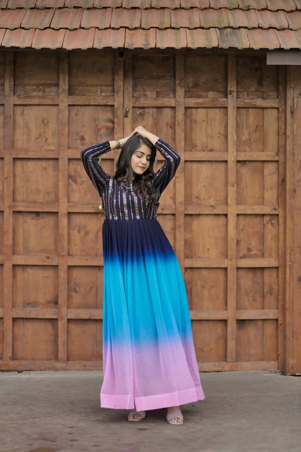 FWMV PREMIUM DESIGNER MULTI COLOUR SEQUINS EMBROIDRD GOWN - M-38, Blue Sky Pink