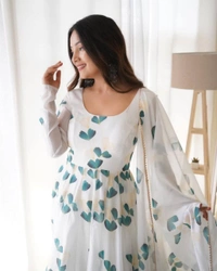 FWMV FANCY DIGITAL PRINTED GEORGTTE GOWN WITH DUPATTA - M-38, White