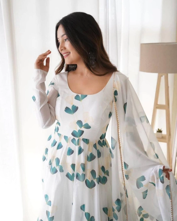FWMV FANCY DIGITAL PRINTED GEORGTTE GOWN WITH DUPATTA - M-38, White