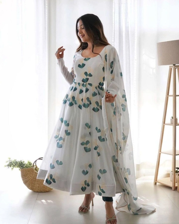 FWMV FANCY DIGITAL PRINTED GEORGTTE GOWN WITH DUPATTA - M-38, White