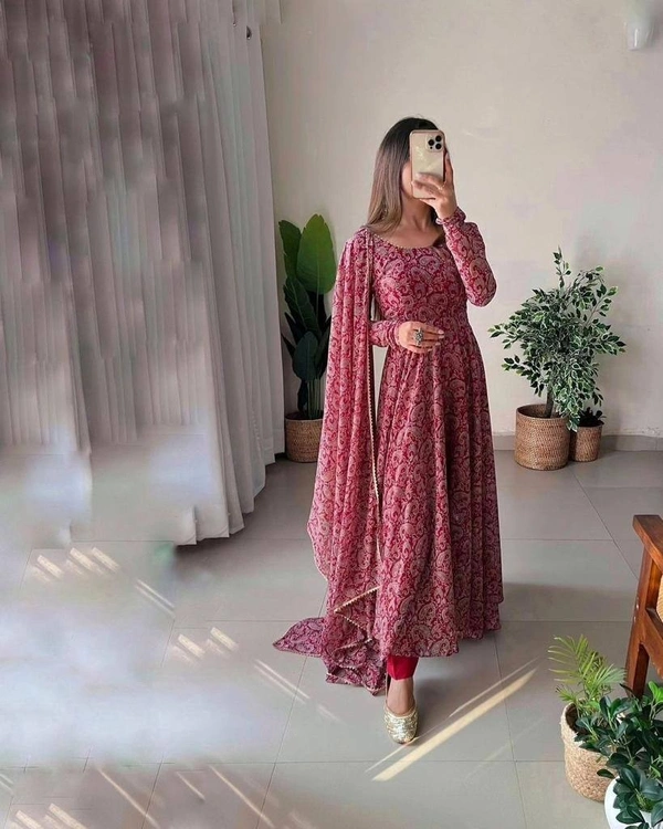 FWMV FANCY DESIGNER PRINTED GOWN DUPATTA SET - M-38, Dark Burgundy