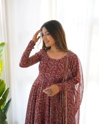 FWMV FANCY DESIGNER PRINTED GOWN DUPATTA SET - M-38, Dark Burgundy