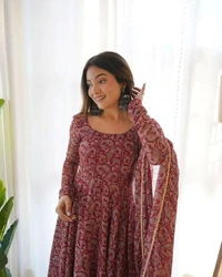 FWMV FANCY DESIGNER PRINTED GOWN DUPATTA SET - M-38, Dark Burgundy