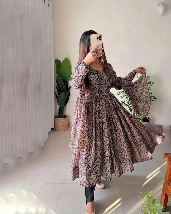 FWMV FANCY DESIGNER PRINTED GOWN DUPATTA SET - M-38, Roman Coffee
