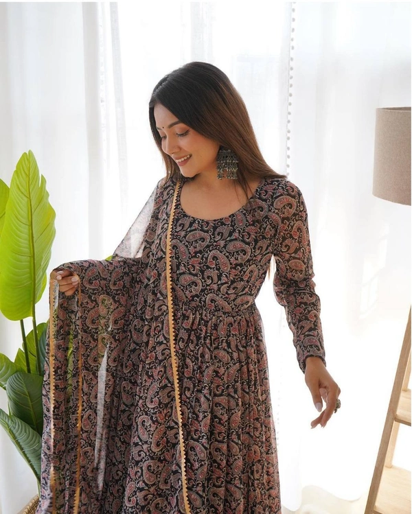 FWMV FANCY DESIGNER PRINTED GOWN DUPATTA SET - M-38, Roman Coffee