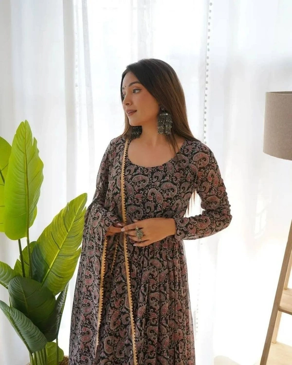 FWMV FANCY DESIGNER PRINTED GOWN DUPATTA SET - M-38, Roman Coffee
