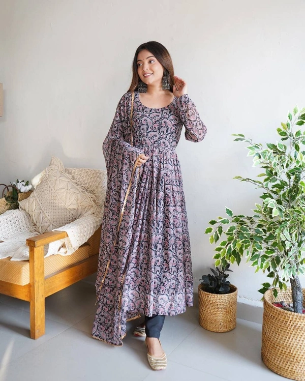 FWMV FANCY DESIGNER PRINTED GOWN DUPATTA SET - M-38, Roman Coffee