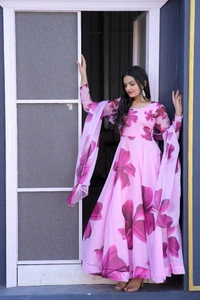 FWMV DIGITAL FLOWRREY PRINTED GOWN GOWN WITH DUPATTA - S-36, Pink