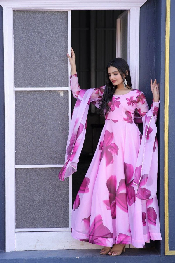 FWMV DIGITAL FLOWRREY PRINTED GOWN GOWN WITH DUPATTA - S-36, Pink