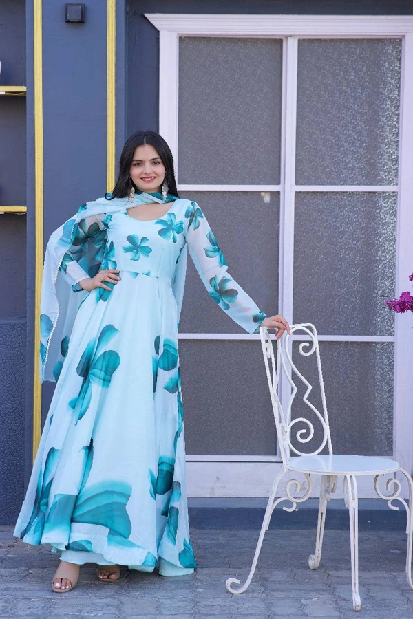 FWMV DIGITAL FLOWRREY PRINTED GOWN GOWN WITH DUPATTA - M-38, Blue