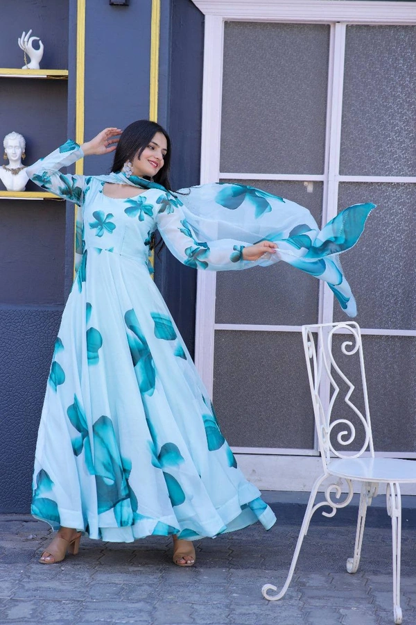 FWMV DIGITAL FLOWRREY PRINTED GOWN GOWN WITH DUPATTA - M-38, Blue