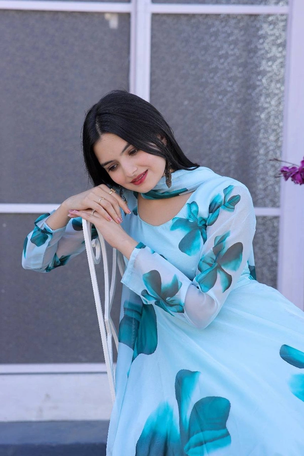 FWMV DIGITAL FLOWRREY PRINTED GOWN GOWN WITH DUPATTA - M-38, Blue