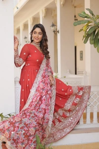 FWKA PREMIUM DESIGNER ZARI SEQUINS WORK GOWN WITH DUPATTA - M-38, Valencia