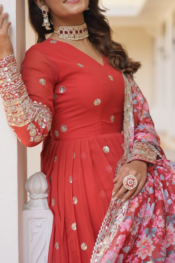 FWKA PREMIUM DESIGNER ZARI SEQUINS WORK GOWN WITH DUPATTA - M-38, Valencia