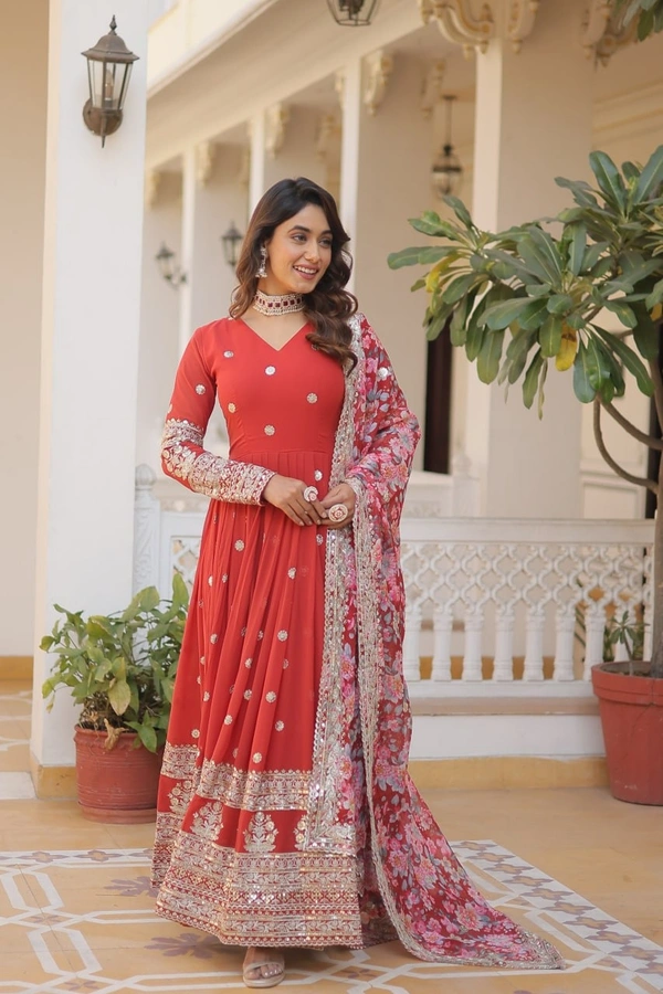 FWKA PREMIUM DESIGNER ZARI SEQUINS WORK GOWN WITH DUPATTA - M-38, Valencia