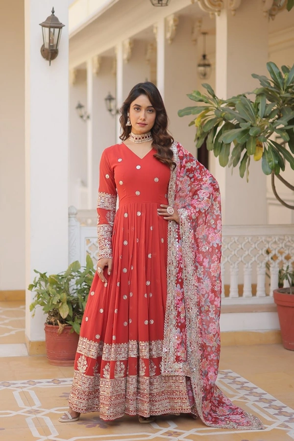 FWKA PREMIUM DESIGNER ZARI SEQUINS WORK GOWN WITH DUPATTA - M-38, Valencia