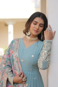 FWKA PREMIUM DESIGNER ZARI SEQUINS WORK GOWN WITH DUPATTA - M-38, Nepal