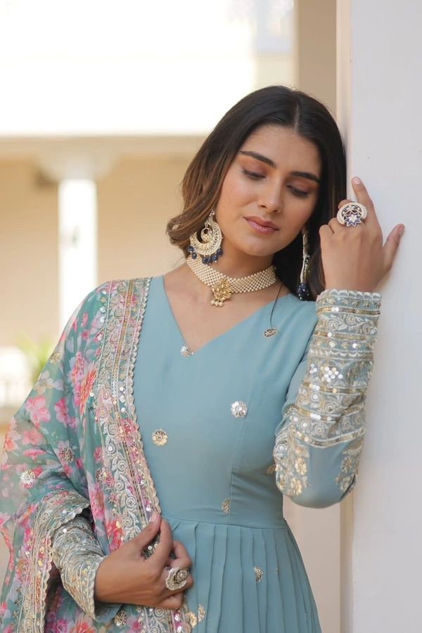 FWKA PREMIUM DESIGNER ZARI SEQUINS WORK GOWN WITH DUPATTA - M-38, Nepal