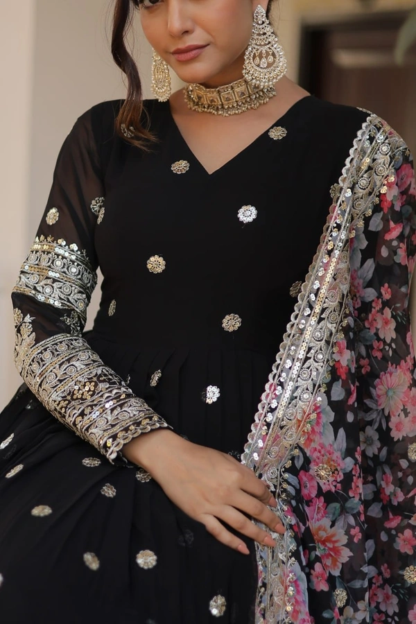 FWKA PREMIUM DESIGNER ZARI SEQUINS WORK GOWN WITH DUPATTA - M-38, Black