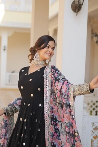 FWKA PREMIUM DESIGNER ZARI SEQUINS WORK GOWN WITH DUPATTA - M-38, Black