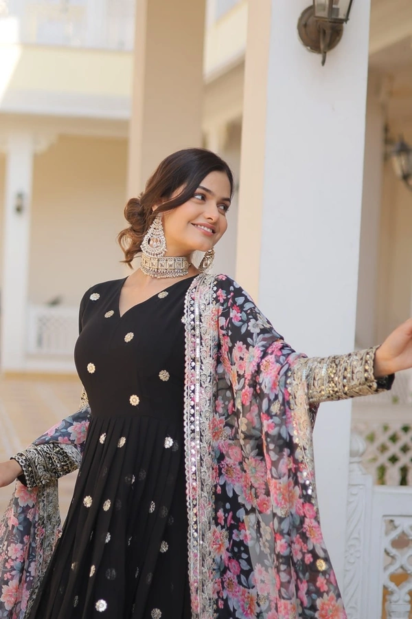 FWKA PREMIUM DESIGNER ZARI SEQUINS WORK GOWN WITH DUPATTA - M-38, Black