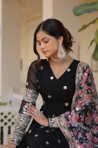 FWKA PREMIUM DESIGNER ZARI SEQUINS WORK GOWN WITH DUPATTA - M-38, Black