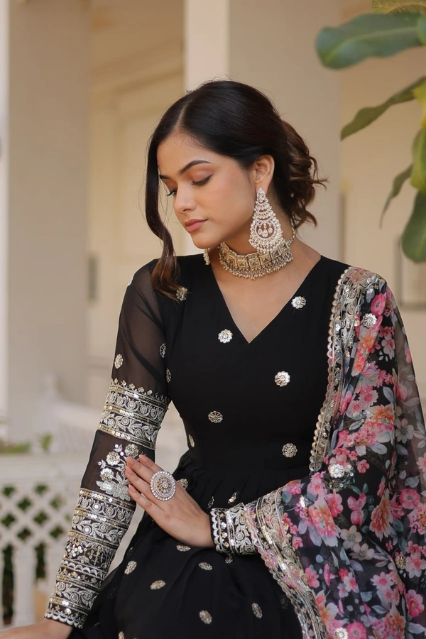 FWKA PREMIUM DESIGNER ZARI SEQUINS WORK GOWN WITH DUPATTA - M-38, Black