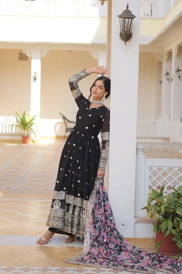 FWKA PREMIUM DESIGNER ZARI SEQUINS WORK GOWN WITH DUPATTA - M-38, Black