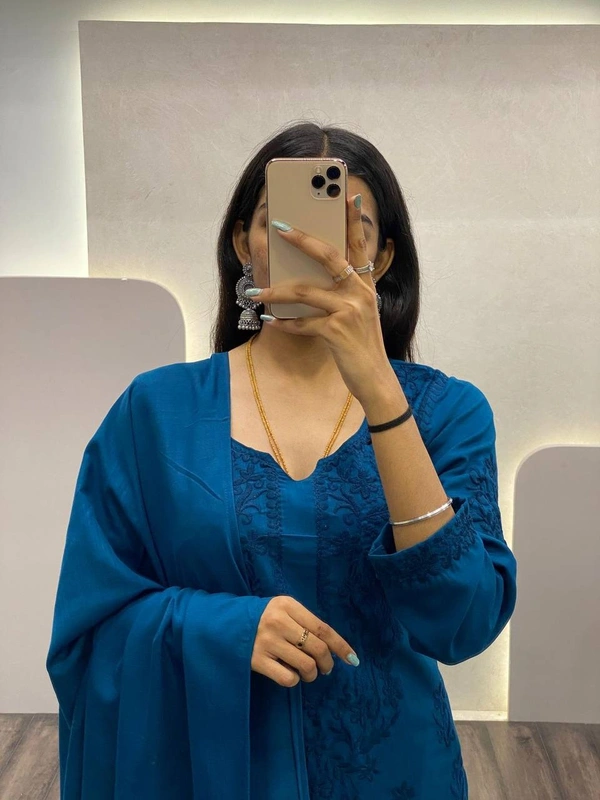 FWBE TRENDING SUMMER MASLIN TOP WITH COTTON THREAD EMBROIDERED WORK AND WORK PLAZO WITH DUPATTA - M-38, Blue