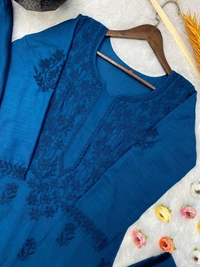 FWBE TRENDING SUMMER MASLIN TOP WITH COTTON THREAD EMBROIDERED WORK AND WORK PLAZO WITH DUPATTA - M-38, Blue