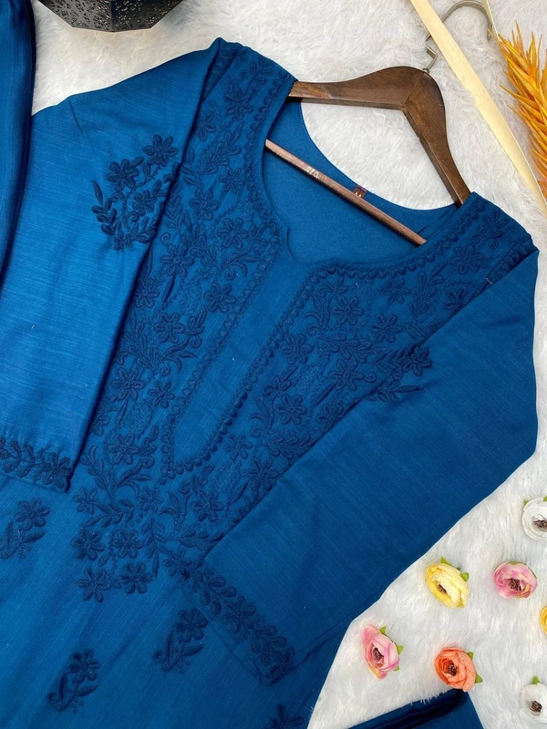 FWBE TRENDING SUMMER MASLIN TOP WITH COTTON THREAD EMBROIDERED WORK AND WORK PLAZO WITH DUPATTA - M-38, Blue