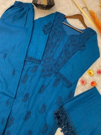FWBE TRENDING SUMMER MASLIN TOP WITH COTTON THREAD EMBROIDERED WORK AND WORK PLAZO WITH DUPATTA - M-38, Blue