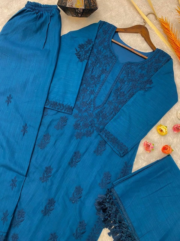 FWBE TRENDING SUMMER MASLIN TOP WITH COTTON THREAD EMBROIDERED WORK AND WORK PLAZO WITH DUPATTA - M-38, Blue
