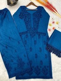 FWBE TRENDING SUMMER MASLIN TOP WITH COTTON THREAD EMBROIDERED WORK AND WORK PLAZO WITH DUPATTA - M-38, Blue