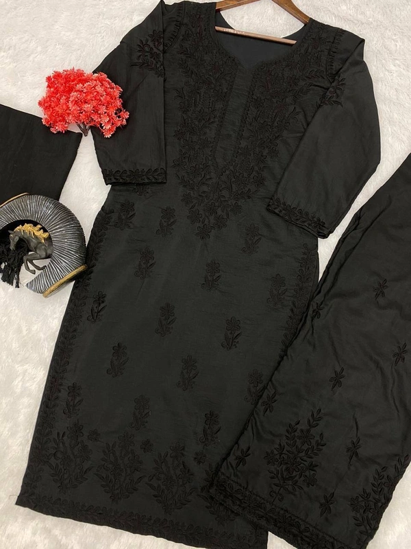 FWBE TRENDING SUMMER MASLIN TOP WITH COTTON THREAD EMBROIDERED WORK AND WORK PLAZO WITH DUPATTA - M-38, Black
