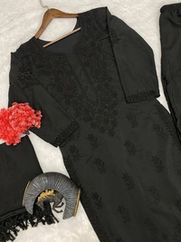 FWBE TRENDING SUMMER MASLIN TOP WITH COTTON THREAD EMBROIDERED WORK AND WORK PLAZO WITH DUPATTA - M-38, Black