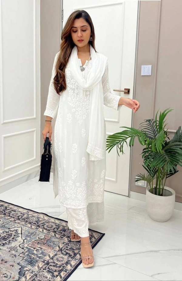 FWBE TRENDING SUMMER MASLIN TOP WITH COTTON THREAD EMBROIDERED WORK AND WORK PLAZO WITH DUPATTA - M-40, White