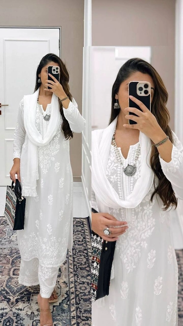 FWBE TRENDING SUMMER MASLIN TOP WITH COTTON THREAD EMBROIDERED WORK AND WORK PLAZO WITH DUPATTA - M-40, White