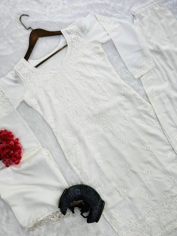 FWBE TRENDING SUMMER MASLIN TOP WITH COTTON THREAD EMBROIDERED WORK AND WORK PLAZO WITH DUPATTA - M-40, White