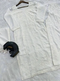 FWBE TRENDING SUMMER MASLIN TOP WITH COTTON THREAD EMBROIDERED WORK AND WORK PLAZO WITH DUPATTA - M-40, White