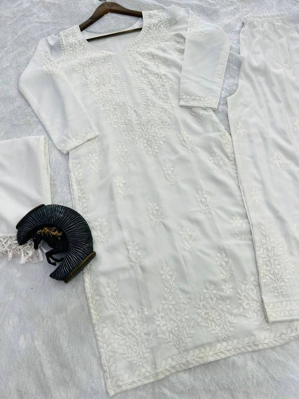 FWBE TRENDING SUMMER MASLIN TOP WITH COTTON THREAD EMBROIDERED WORK AND WORK PLAZO WITH DUPATTA - M-40, White