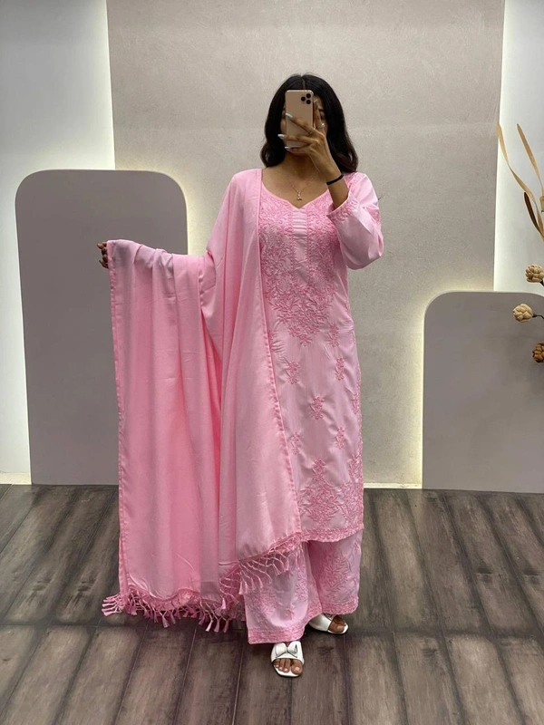 FWBE TRENDING SUMMER MASLIN TOP WITH COTTON THREAD EMBROIDERED WORK AND WORK PLAZO WITH DUPATTA - S-36, Pink