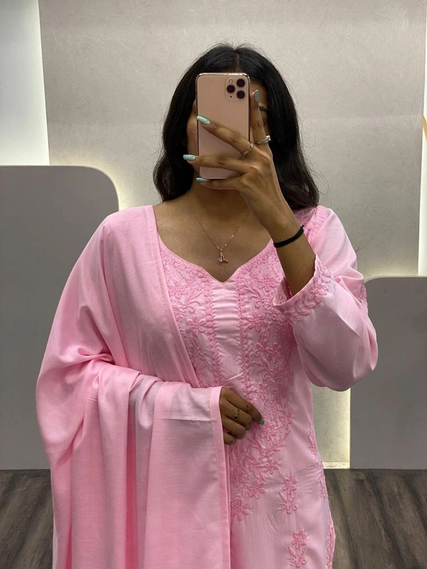 FWBE TRENDING SUMMER MASLIN TOP WITH COTTON THREAD EMBROIDERED WORK AND WORK PLAZO WITH DUPATTA - S-36, Pink