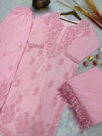 FWBE TRENDING SUMMER MASLIN TOP WITH COTTON THREAD EMBROIDERED WORK AND WORK PLAZO WITH DUPATTA - S-36, Pink
